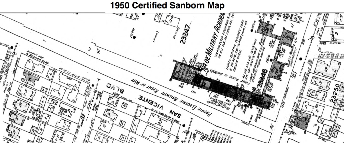 A 1950 certified Sanborn fire insurance map showing building footprints, construction notes and street names for a city block.